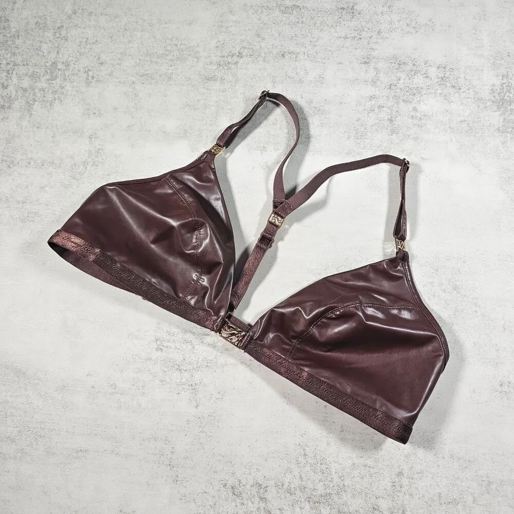 Honey Birdette Emily Mahogany Wire Free Faux Leather Triangle Bra Bralette Sz L